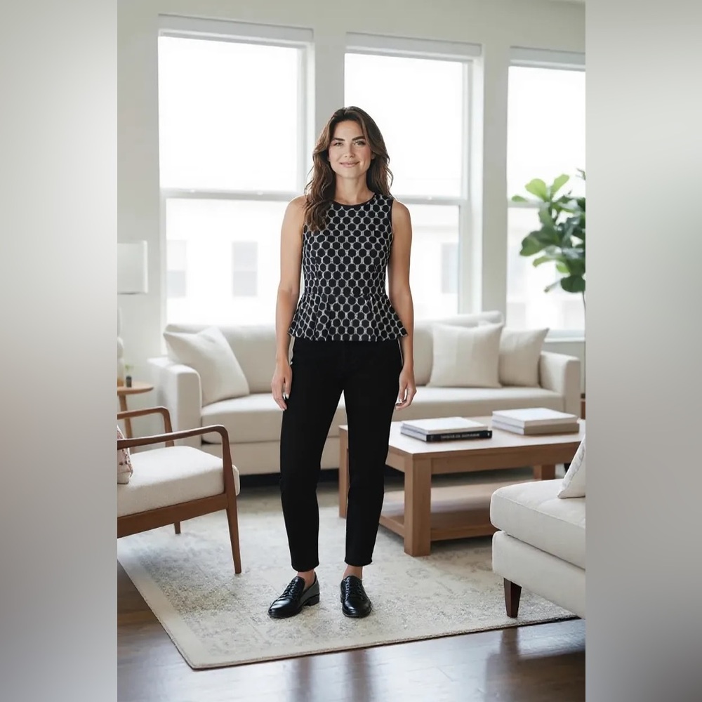 Weston Wear Anthropologie Geometric Black and Cream Peplum Tank Top small EUC